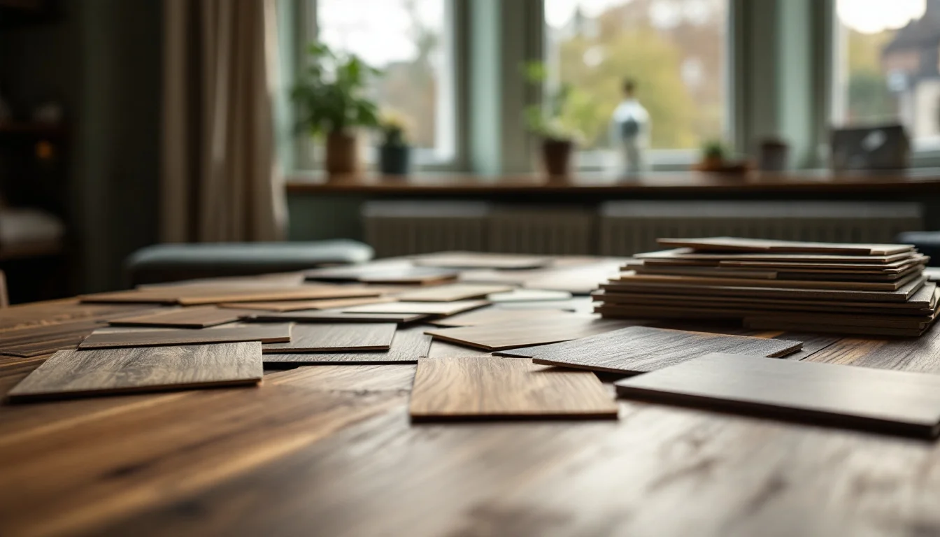 How To Choose Hardwood Flooring For Living Room — Variety of hardwood floor samples and colour swatches laid out in a bright Edinb How To Choose Hardwood Flooring For Living Room — Variety of hardwood floor samples and colour swatches laid out in a bright Edinb