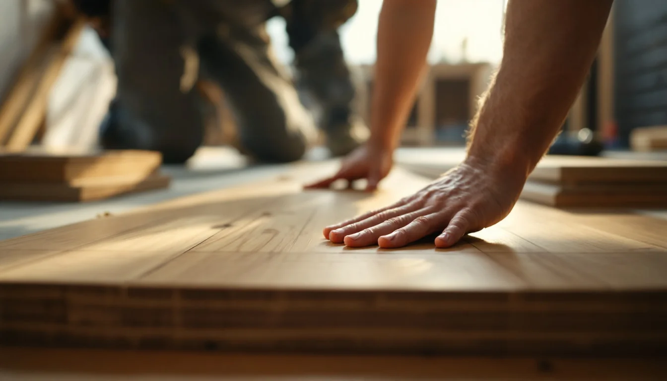 Cost Of Hardwood Flooring Installation In Edinburgh — A close-up of an Edinburgh installer precisely fitting engineered oak floorboard