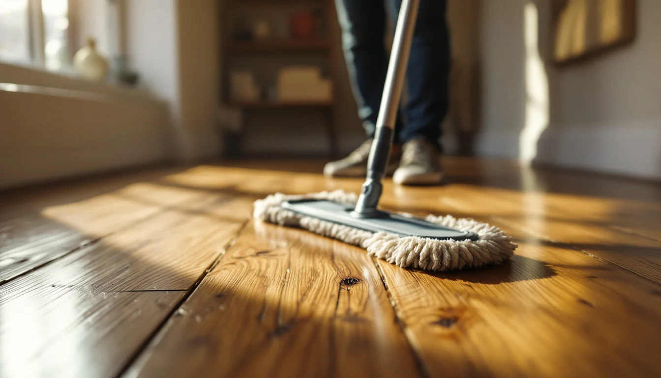 Hardwood Flooring Maintenance Tips And Tricks — A close-up of an Edinburgh homeowner gently cleaning a hardwood floor with a mic